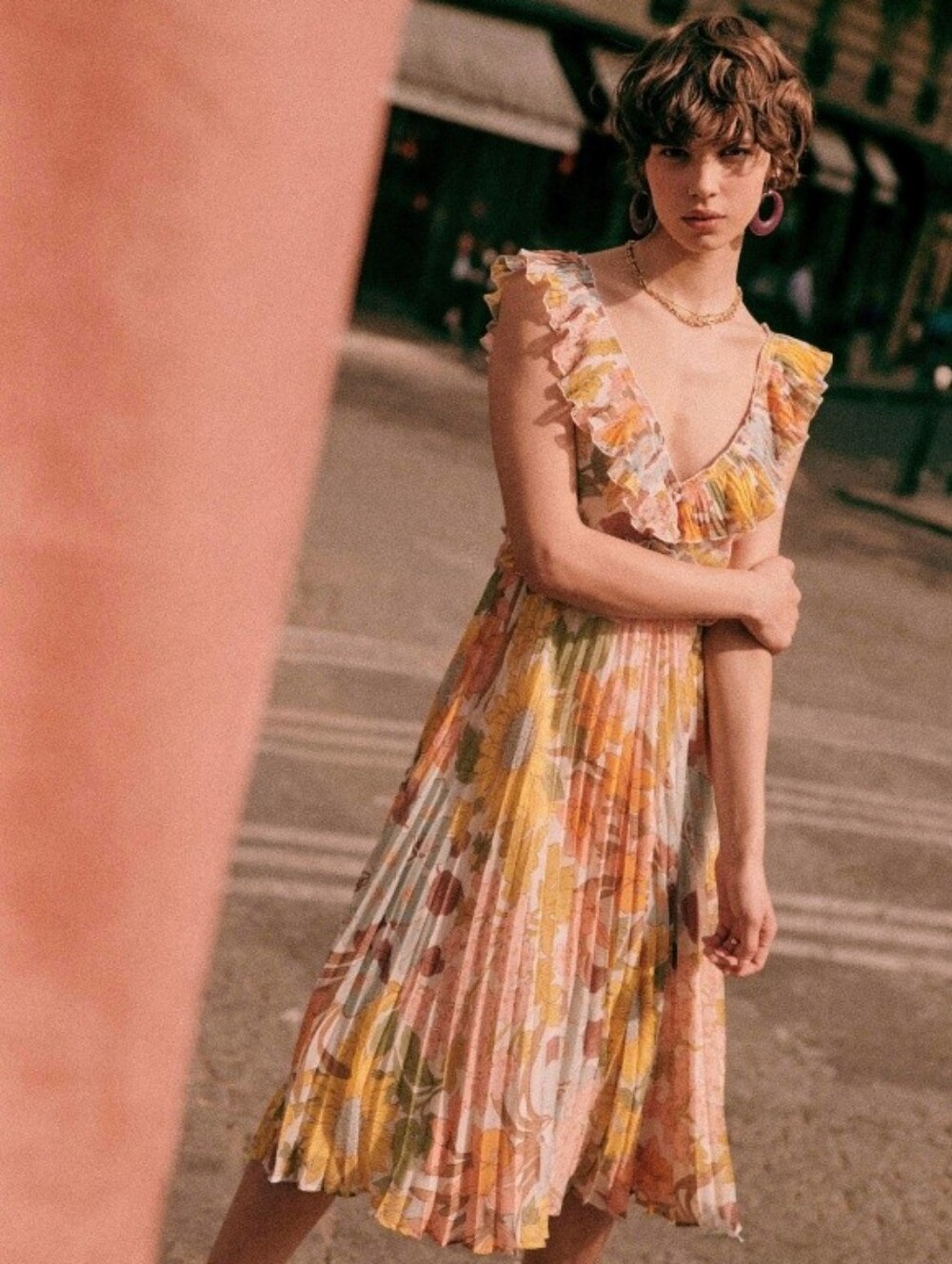 Sézane Floral Pleated Ruffle Pink Yellow Rachelle Dress, 6 - Picture 5 of 14